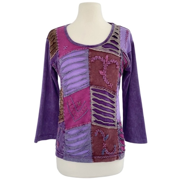 Rising International Tops - Vintage Rising International Embroidered Mixed Textures Purple Top Medium